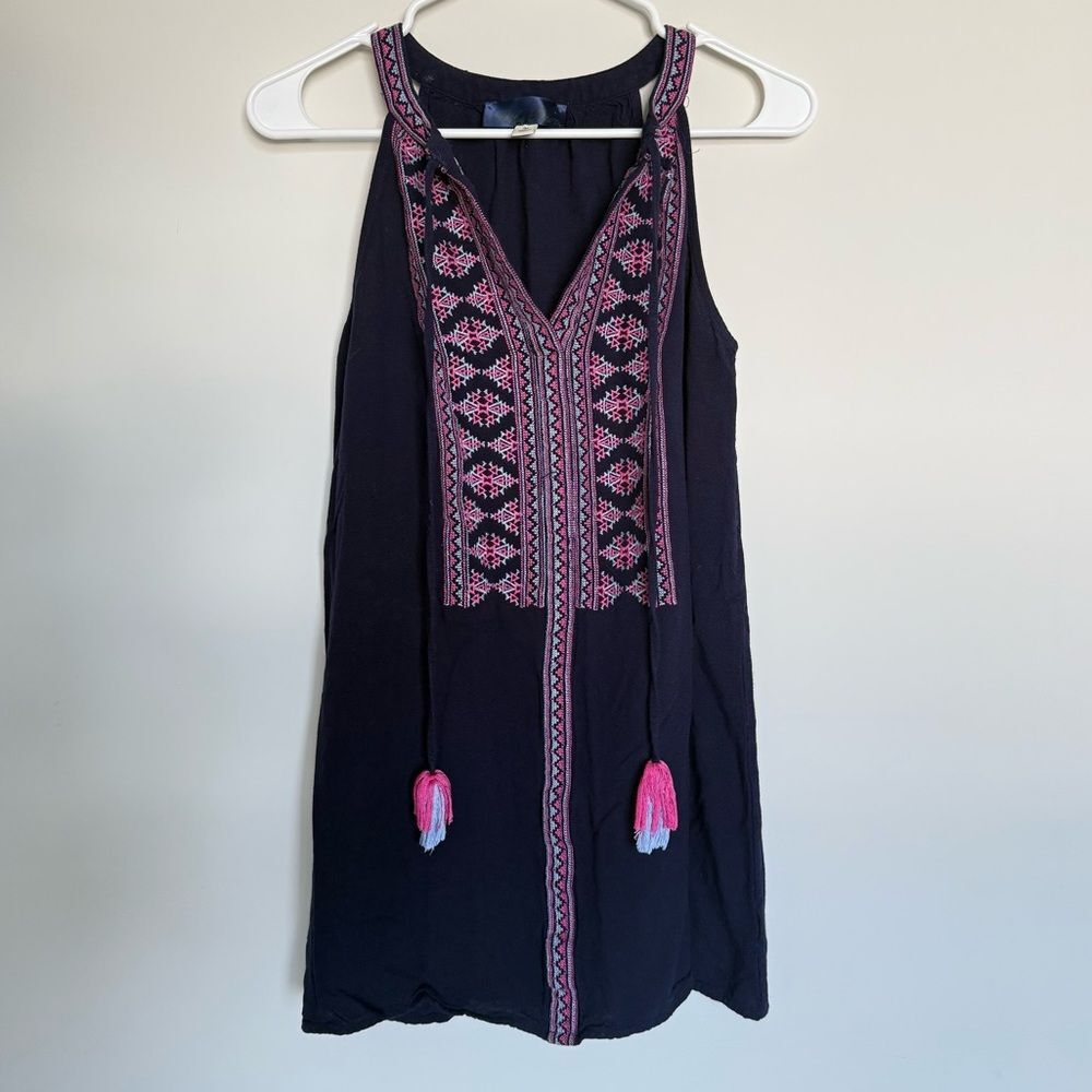 Blue Rain Tunic Top Embroidered Shirt Dress Tassels Size Medium